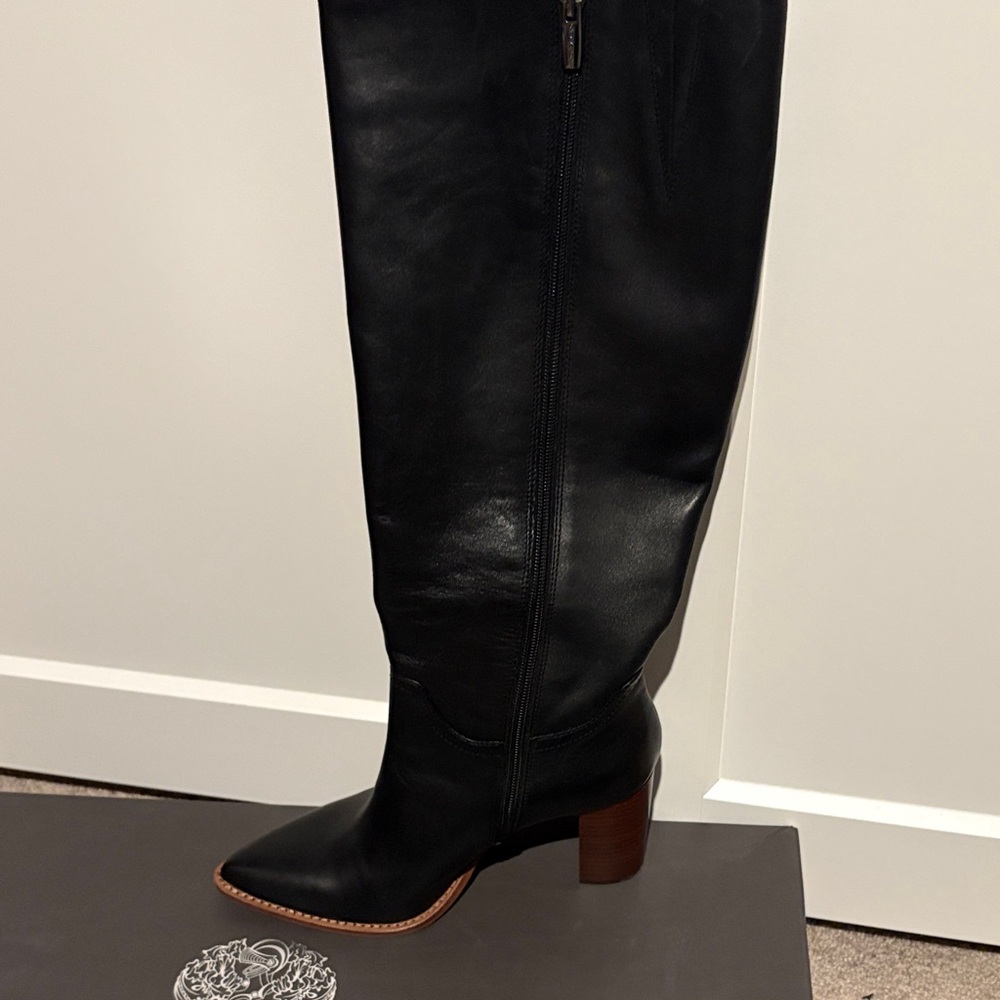 Vince Camuto Black Leather Over-the-Knee Boots with Brown Heel